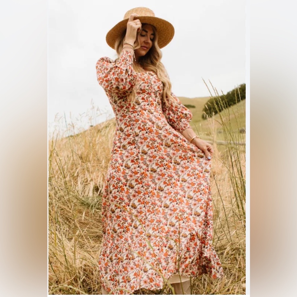 Ivy City Co Floral Long Sleeve Dress in Orange and Cream